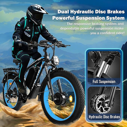 Electric Dirt Bike, 5000W Peak Dual Motor EBike for Adults, 60V 25AH Battery Electric Bike with 40-50MPH Mountain AWD 21-Speed Snow, 26" x 4.0 Fat Tire, Long Range Off-Road