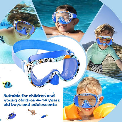 Kids Swim Goggles 180° Snorkel Diving Mask with Nose Cover, Anti-Fog Kids Swimming Goggles with Elastic Fabric Strap for Kids Boys Girls