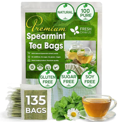 FreshDrinkUS, Premium 135 Spearmint Tea Bags, 100% Natural & Pure Spearmint Leaves. Loose Leaf Spearmint Herbal Tea. Spearmint Leaf Tea. No Sugar, No Caffeine, No Gluten, Vegan.