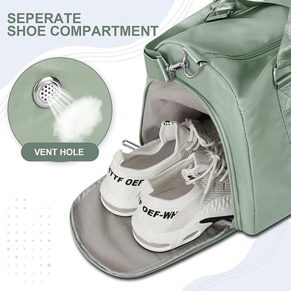 FIORETTO Womens Gym Tote Duffle Bag with Wet Pocket & Shoe Compartment, Sports Duffel Overnight Weekender Hospital Workout Carry on Bag for Girls, Ideal for Travel, Swimming, Dance, Ballet Celadon