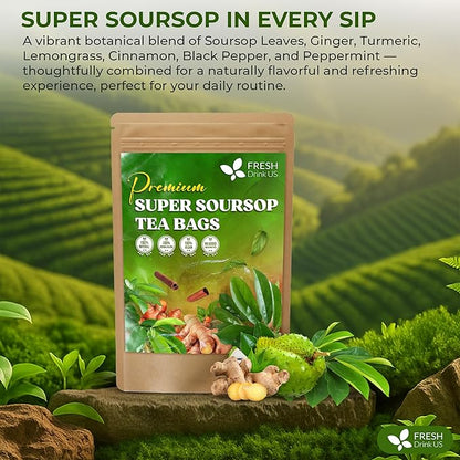 FreshDrinkUS, Super Soursop Herbal Tea – 60 Tea Bags | Soursop, Ginger, Turmeric, Lemongrass, Cinnamon, Black Pepper & Peppermint | Caffeine-Free, Natural Flavor, Plant-Based Blend | Sugar-Free