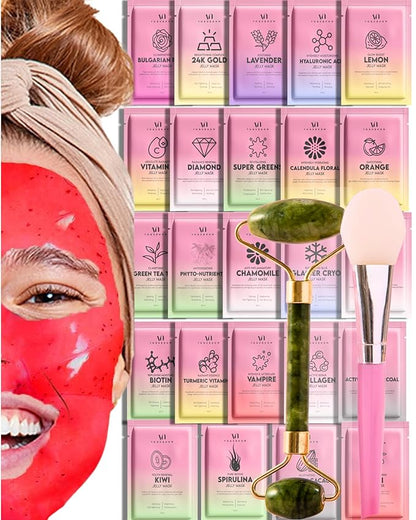 Jelly Mask for Facials - 24 Flavors Hydrating & Brightening Jelly Face Masks | Free Jade Roller & Spatula | Bulgarian Rose, Lavender, Hyaluronic Acid, 24K Gold face mask skin care |Vajacial Jelly Mask