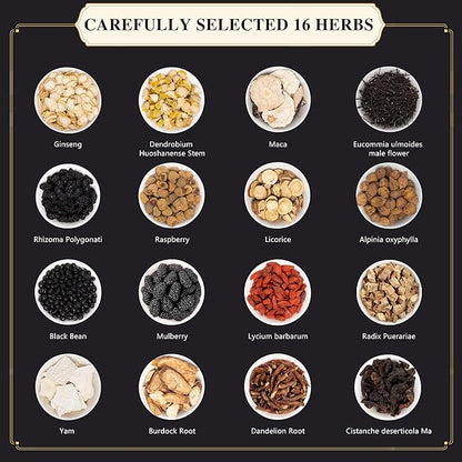 Ginseng Polygonatum Eucommia Male Flower Tea, 16 Ingredients Organic Natural Formula Kidney Tea, 500g/Box Ginseng Six Treasure Aid Root Kidney Men's Herbal Tea (30 cans/1Box)