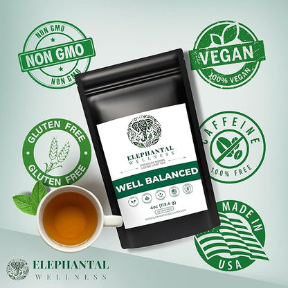 Elephantal Wellness Premium Well Balanced Herbal Tea | Healthy Cortisol, Adaptogenic Stress Energy Support with Ashwagandha, Goji, Reishi, Holy Basil & Lion’s Mane, Caffeine-Free, Non-GMO, 4 oz