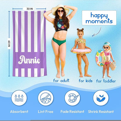 JML Personalized Beach Towel with Name, Custom Cabana Stripe Beach Towel, Customized Microfiber Pool Towel, Quick Dry & Absorbent Swim Towel for Adult,Mother's Day, Birthday, Summer Holiday,Vacation