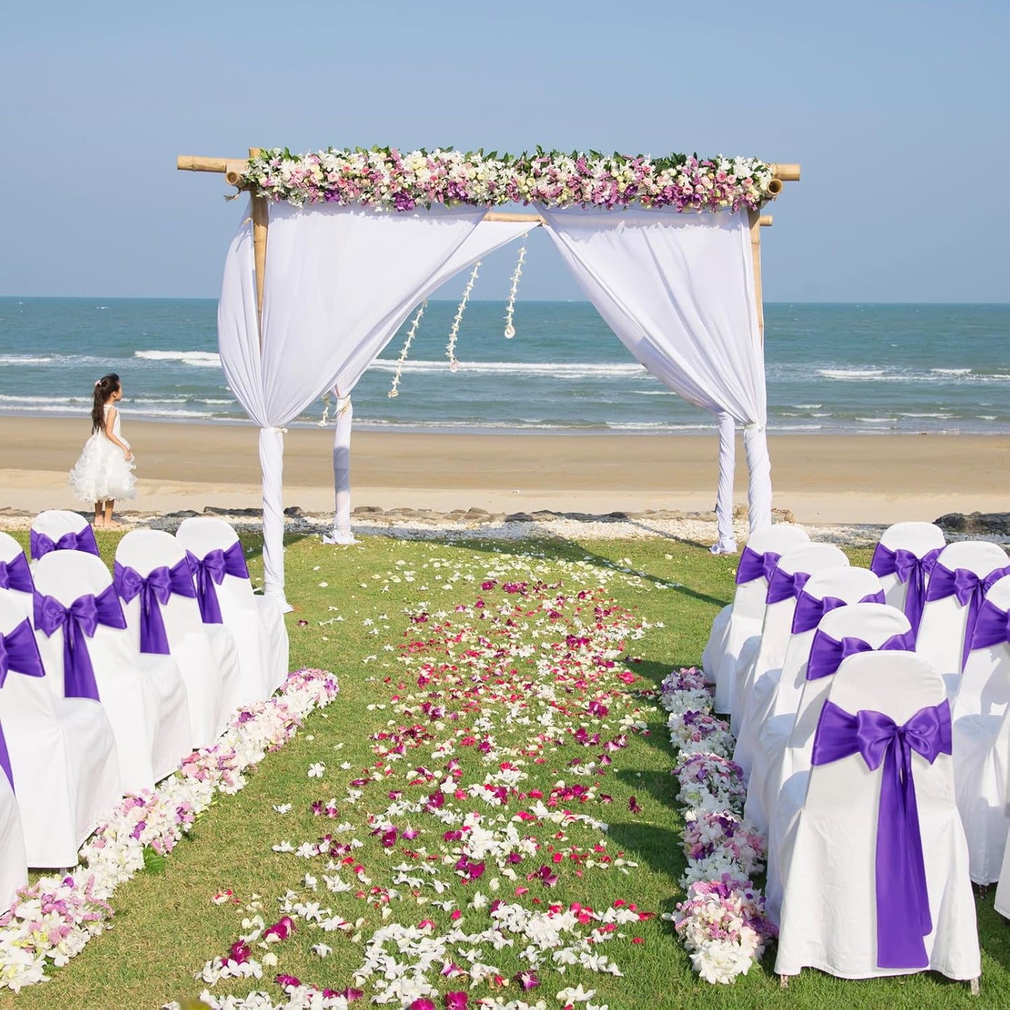 10 PCS Satin Chair Sashes Bows Universal Chair Ribbon Ties Back Sash for Wedding Party Reception Events Banquets Hotel Event Chair Cover Decoration (Champagne 7x108 inch)