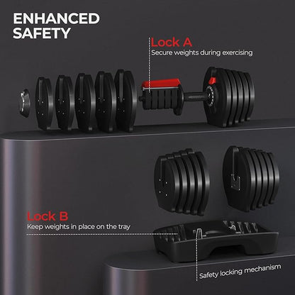 Yaheetech Adjustable Dumbbell Set 28/40/52.5/90LBS Adjustable Dumbbells Fast Adjust Dumbbell Weight Set with Anti-Slip Handle and Tray for Men/Women Home Gym Strength Training Equipment Single/Pair