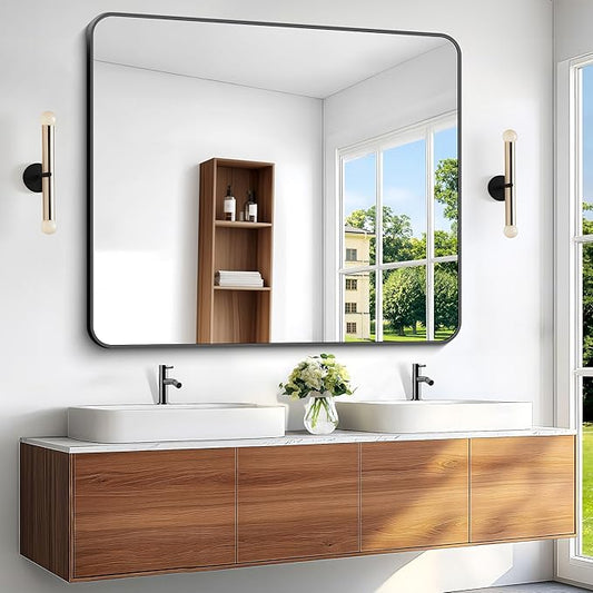 Black Bathroom Mirror,40x48 inch Wall Mirror for Bathroom Wall Mounted,Rectangle Mirror for Bathroom Over Sink,Modern Frame Round Corner for Living Room,Bedroom Entryway,Horizontal/Vertical