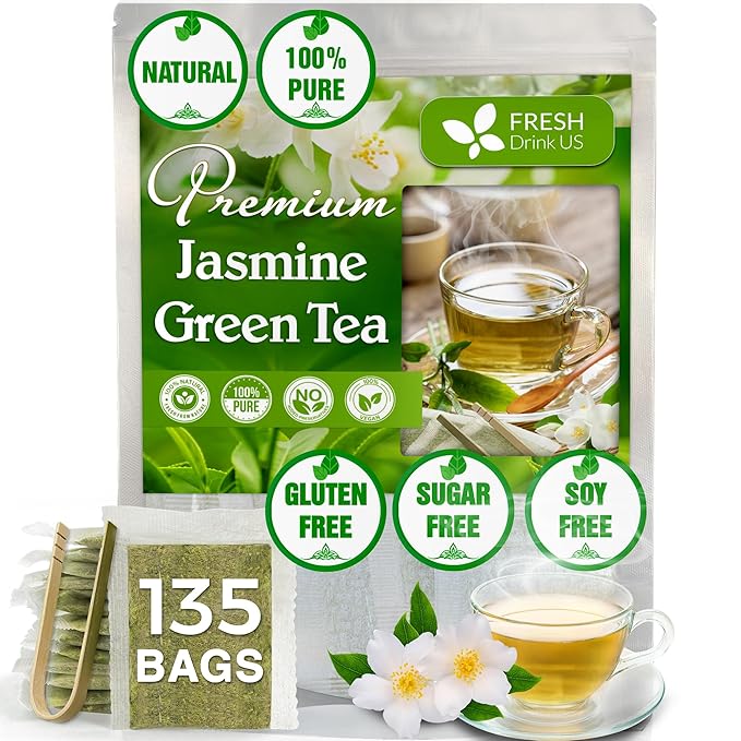 FreshDrinkUS Premium 135 Jasmine Green Tea Bags - 100% Natural & Pure, Made with Natural Material Tea Bags, No Sugar, No Gluten, Vegan