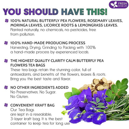 FreshDrinkUS, Clarity Calm Butterfly Pea Flower Tea – 60 Tea Bags Herbal Blend of Butterfly Pea Flower, Rosemary, Moringa, Lemongrass & Licorice Root – Caffeine-Free. Sugar-Free. Gluten-Free. Vegan
