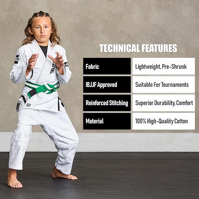 Elite Sports Kids Brazilian Jiu Jitsu Belts Preshurunk Martial Arts Youth BJJ Belts for Girls & Boys with BJJ Ranking Stripes