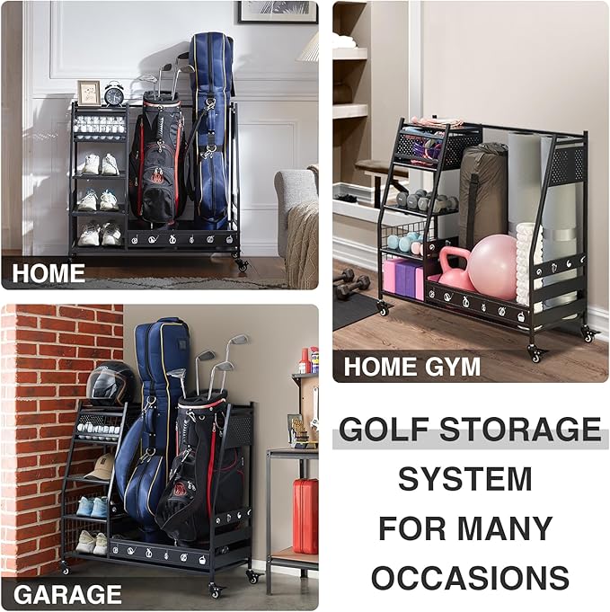 Lauren&Harold Golf Bag Organizer Garage Storage, Golf Storage Rack Stand Fits 2 Golf Bags, Golf Clubs and Other Golfing Equipment Accessories, Golf Organizer for Garage, Club, Shed, Basement