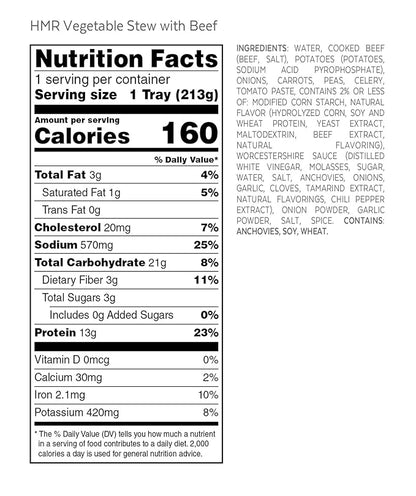 HMR Vegetable Stew with Beef Entrée | Pre-packaged Lunch or Dinner to Support Weight Loss | Ready to Eat | 13g of Protein | Low Calorie Food | 8oz Serving per Meal | Pack of 6