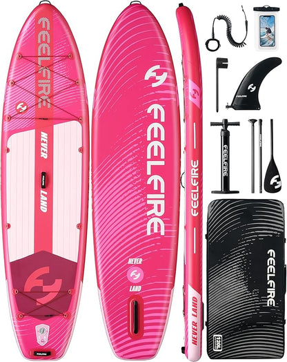 Feelfire11'x34” Extra Wide Inflatable Paddleboard, Stand-up Paddle Board for Adults, 420lb Capacity for Yoga/Fishing/Family, EVA Deck, US Fin, High-Pressure Pump, Storage Backpack, Safety Leash