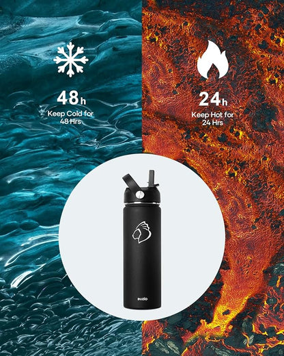 BUZIO 24 oz Insulated Water Bottle, Stainless Steel Wide Mouth Water Flask with Straw Lid, Cold for 48 Hrs Leak Proof Metal Hydro Thermo Canteen Mug, Black