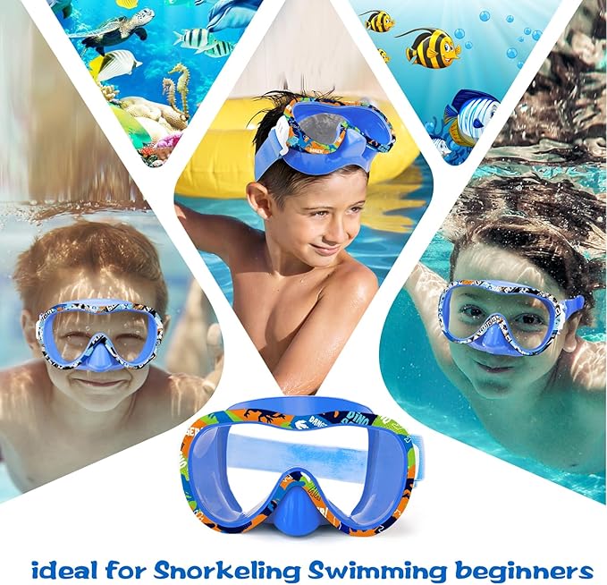 Kids Swim Goggles with Nose Cover, 180° Panoramic Snorkel Mask with Anti-Fog & Anti-Leak Design, Comfort Fabric Strap UV Protection Lens for Boys Girls Ages 3-15