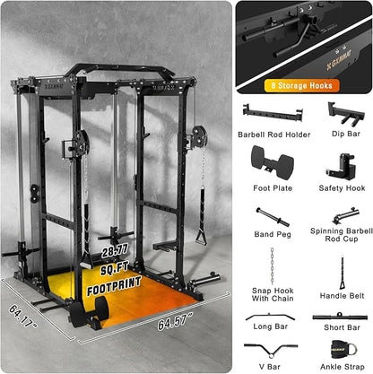 GXMMAT X6 Power Cage, 2200LB Multi-Function Power Rack with Independent Dual Aluminum Pulley System, Squat Rack for Home Gym Strength Training Equipment, Heavy-Duty Steel Construction