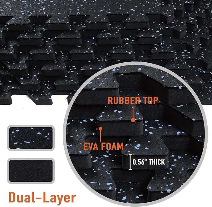 0.56in Thick 48 Sq Ft Exercise Equipment Mats 12 Tiles