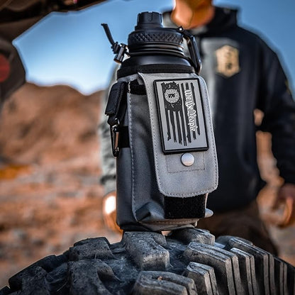 Iron Infidel Battle Bottle - 32 Oz Insulated Water Bottle with Straw Lid & Chug Cap, Stainless Steel Metal Tactical Flask with Rugged, Removable Sleeve for Keys & Phone or Wallet (Betsy Ross 1 Liter)