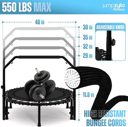 Jumpzylla Fitness Trampoline 40" or 48" | Foldable Mini Rebounder Trampoline for Adults with Bar | Durable, Quiet, Low-Impact Exercise Equipment for Indoor and Home Workouts (550 LBS Capacity)