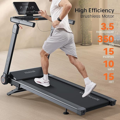Foldable Treadmill with 15% Auto Incline & 10MPH - Commercial 3.5HP Brushless Quiet, 18"x48" Wide Running Deck, Walking Pad Treadmill for Home Gym Office, 350lbs Capacity, APP - No Installation