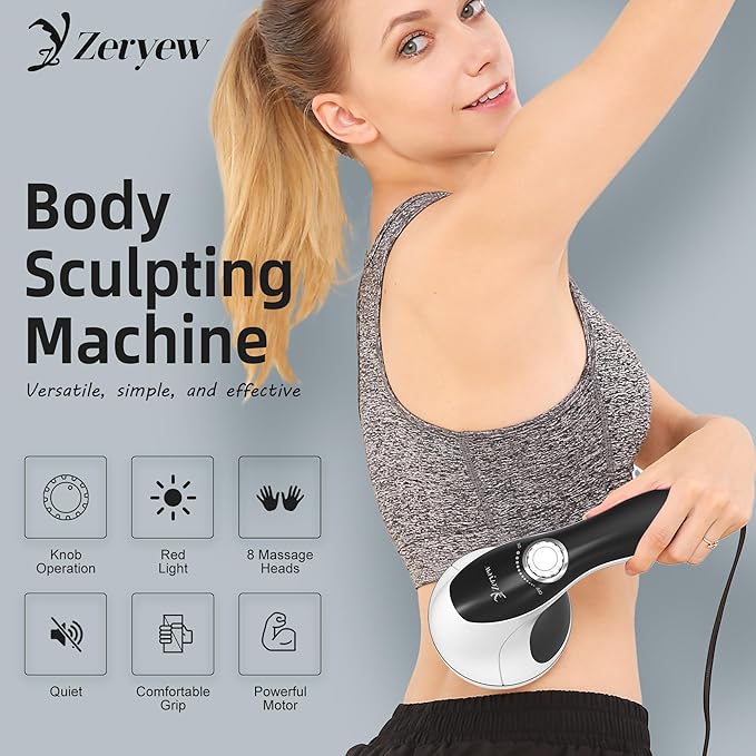 Handheld Cellulite Massager, Body Sculpting Machine, Cellulite Massager Electric Tool, Lymphatic Massage Roller with 8 Rotating Heads & 2 Mesh Caps for Body Shaping & Lymphatic Drainage