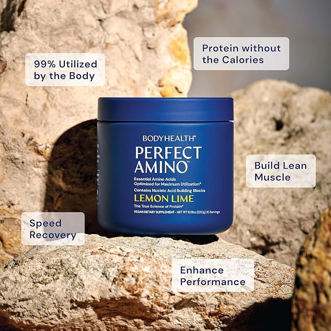 BodyHealth PerfectAmino Powder - BCAA and EAA Powder for Pre and Post Workout - Amino Acid Energy Drink for Men and Women to Support Lean Muscle and Recovery - Lemon Lime - 60 Servings