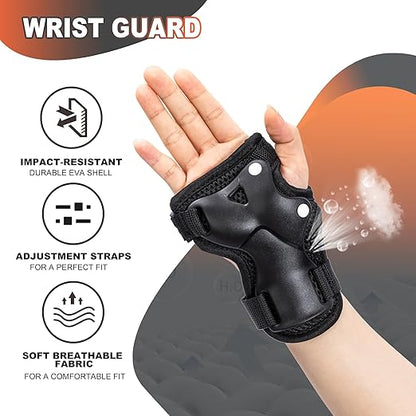 2PM SPORTS Knee Pads for Kids, Wrist Guards Knee and Elbow Pads Set with Drawstring Bag, Protective Gear Set for Girls Boys Roller Skating Cycling Skateboard - Black Small