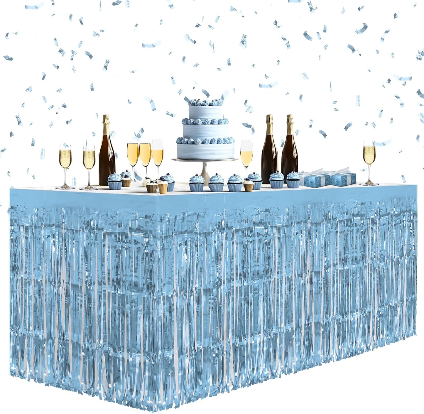 1 Pack Light Blue Table Skirts, 29x108" Metallic Foil Tinsel Fringe Table Skirts for Rectangle Tables Streamer Curtains Backdrop, Party Decorations for Birthdays Weddings Holidays