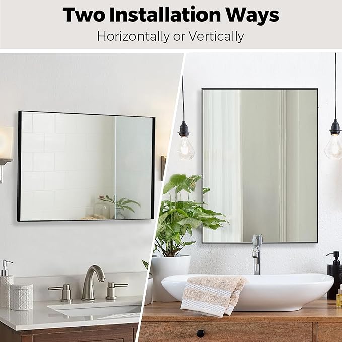 24x36 Inch Black Bathroom Mirror for Wall, Aluminum Frame Rectangle Rectangular Vanity Mirror, Modern Large for Bedroom, Living Room, Horizontal or Vertical
