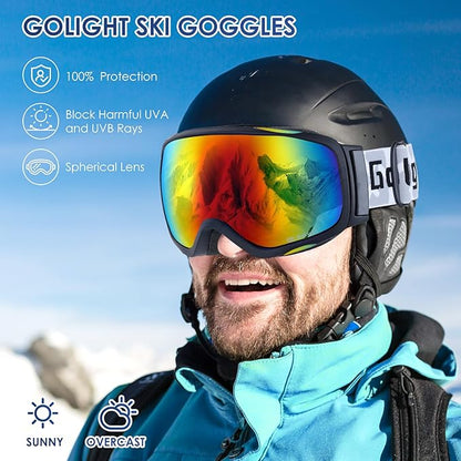 GoLight OTG Anti-Fog Ski Goggles for Men Women ??Spherical REVO Lens, UV400, Breathable TPU Frame, Adjustable Non-Slip Strap