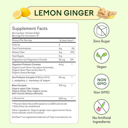 Feel Goods Gut Guardian, Organic Fiber, Probiotic & Prebiotic Powder, Sugar Free, Herbs for Bloat, Gut Health Support, Digestive Health for Men & Women, Non GMO, Vegan, Lemon Ginger, 15 Count