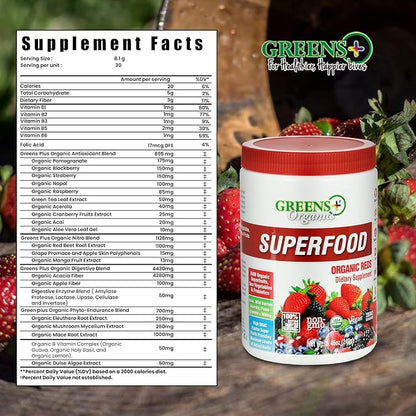 Greens+ Organic Reds Superfood Powder, Antioxidant, Polyphenol, Blend for Morning Kick, Energy, Vitality Boost, Nutrition, Vibrant Health, Vegan Soy/Dairy/Gluten Free(8.46oz)