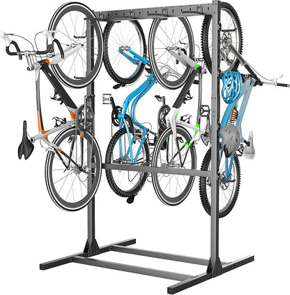 EVERHANGER Freestanding Bike Stand Rack with Adjustable Hooks, Vertical Bike Stand for Garage, Bicycle Storage Organizer, Holds Up to 7 Bikes & 7 Helmets