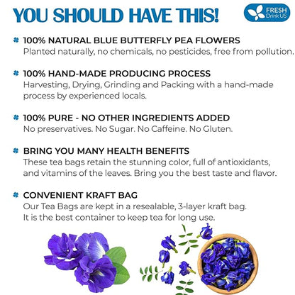 FreshDrinkUS, Premium 35 Butterfly Pea Tea Bags, 100% Natural and Pure from Butterfly Pea Flowers, Hand-made, Made With Natural Materials-Corn Fiber Tea Bag, Sugar/Caffeine/Gluten Free, Vegan