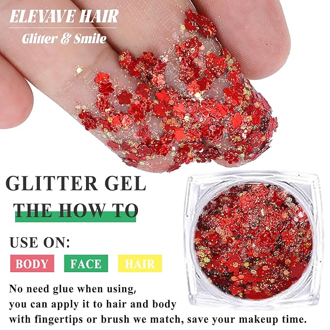 Body Glitter Face Glitter, Hair Glitter for Kids, 12 Shapes Fine Chunky Glitter Gel for Women Girls Makeup Sparkles Party Mermaid Sequins Rave Accessories Singer Concerts Festival (Red Scheme)