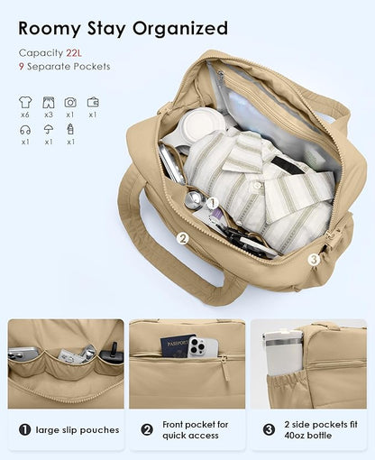 Gym Bag for Women, Travel Duffle Bags with Wet Pocket, Lightweight Carry on Bag Overnight Weekender Duffel Bag, Water Resistant (Camel)