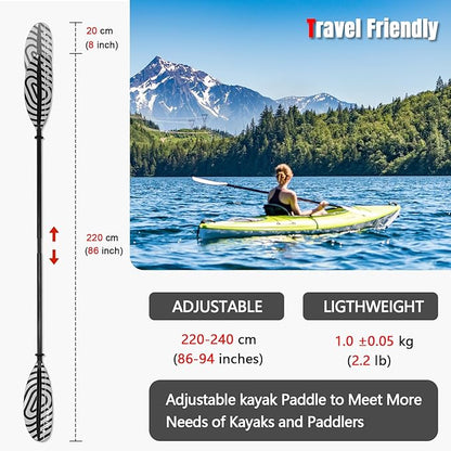 Kayak Paddles with Fiberglass Shaft and Reinforced PP Blade, Floating Adjustable Kayaking Oars, 3 Piece, 220-240 cm/86-94 Inches, 240-260 cm/94-102 Inches