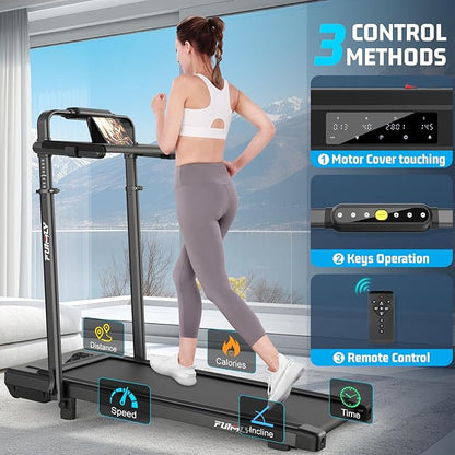 Walking Pad Treadmill with Desk Workstation, 10% Incline Foldable Treadmill with Handrail, 300lbs Capacity, 3 Control Methods, 8 in 1 Folding Treadmills for Home Office