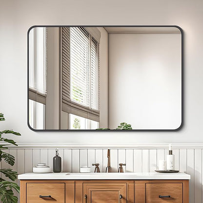 FORBATH Black Bathroom Mirror, Rectangular Vanity Mirror 26" X 38" Wall Mounted Rounded Corner Farmhouse Metal Framed Bath Mirror for Living Room Bedroom Entryway Decor, Hangs Horizontal or Vertical