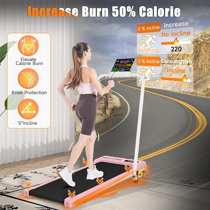 Incline Walking Pad with Handle Bar, Folding Treadmill Foldable Portable Under Desk for Home Office, Ultra Quiet <45dB, Safety Lock, 300+ LB Capacity