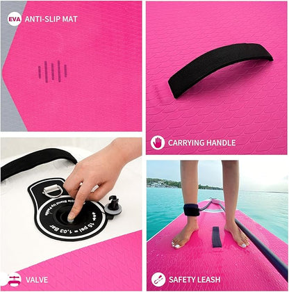 Inflatable Stand Up Paddle Board with Sup Board Accessories, Durable, Lightweight,Wide Stable Design,Wide Non-Slip Deck, Non-Slip Comfort Deck Pink Paddle Board for Women & Girls