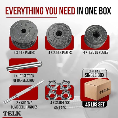 TELK – Adjustable Dumbbell Set – Home Gym Weight Set with Baked Enamel Cast Iron Plates – Space-Saving Free Weights for Strength Training