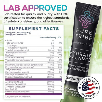 Electrolytes Powder Packets - Sugar Free Hydration Powder Drink Mix Loaded with 6 B Vitamins & Minerals - Energy Drink for Muscle and Mood Support - Coconut Lime Flavor Adrenal Cocktail - 30 Servings