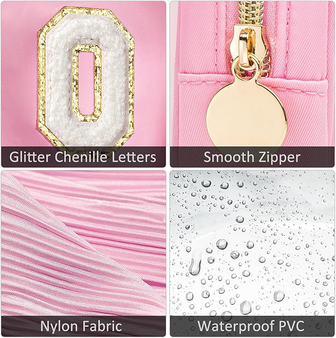 Large Personalized Initial Letter Clear Makeup Bag, Nylon Preppy Patch Makeup Bag Chenille Letter A-Z TSA Approved Travel Toiletry Bag Cute Zipper Makeup Organizer for Women Men (Pink, M)