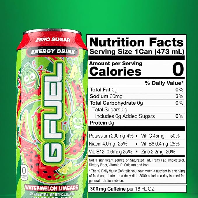 G Fuel Energy Drink, Watermelon, Sugar Free Beverage with 300mg Caffeine, Daily Energy Boost with Focus Amino, Vitamin + Antioxidants, 16 oz Cans (Watermelon Limeade, 12-Pack)