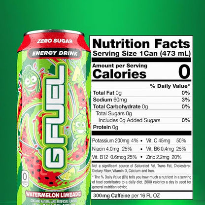 G Fuel Energy Drink, Watermelon, Sugar Free Beverage with 300mg Caffeine, Daily Energy Boost with Focus Amino, Vitamin + Antioxidants, 16 oz Cans (Watermelon Limeade, 12-Pack)