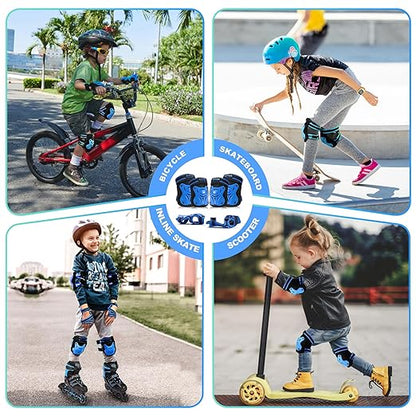 2PM SPORTS Knee Pads for Kids, Wrist Guards Knee and Elbow Pads Set with Drawstring Bag, Protective Gear Set for Girls Boys Roller Skating Cycling Skateboard - Blue Small