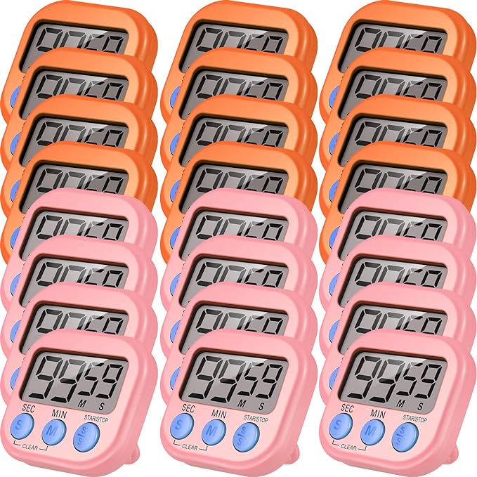24 Pieces Digital Kitchen Timer Magnetic Timers for Classroom Bulk On/Off Switch Minute Second Count up Countdown Big LCD Display Loud Alarm for Exercise Cook Baking Teacher Kids(Pink, Orange)