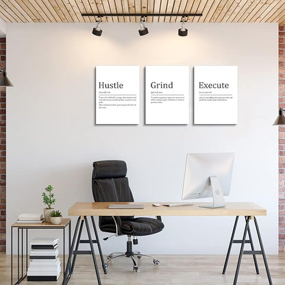 Hustle Grind Execute, Inspirational Wall Decor Art - Framed Canvas Office Decor, Quote Poster, Office Wall Art, White Large Poster, Positive Motivational Wall Art, 12x16inchx3pcs